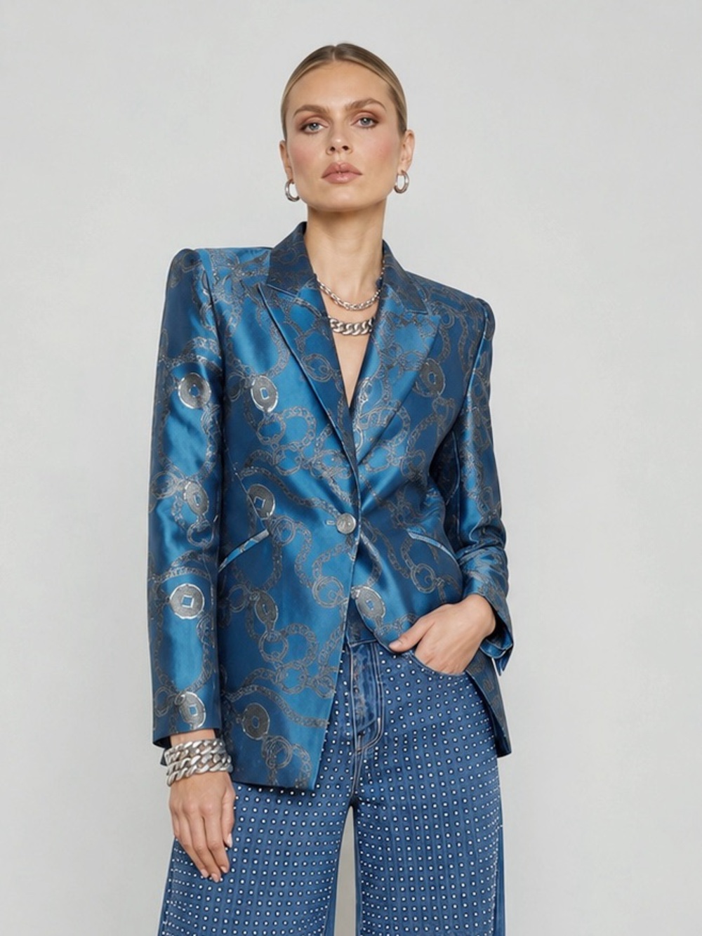 NWT L'AGENCE Sheila Longline Jacquard Blue Silver Good Luck Chain Blazer Sz 8